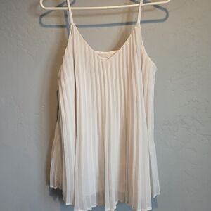 Women's Sheer Overlay White Pleated V Neck Cami Tank Top, Large